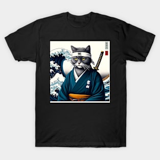 Vaporwave Samurai Cat Great Wave Off Kanagawa T-Shirt